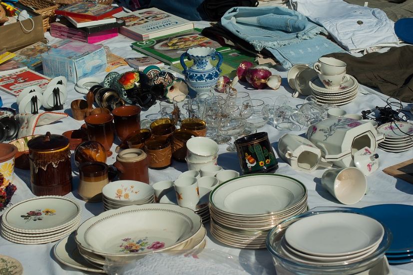 items, things, dishes, books, vase, things scattered on the floor